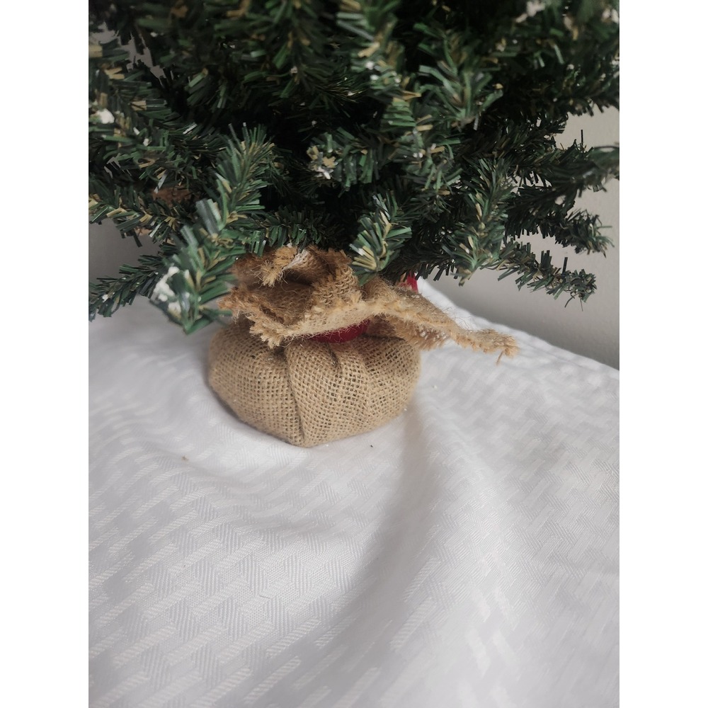 Miniature Tabletop Christmas Tree Burlap Base Flocked Snow Red Ribbon Decor - Picture 2 of 6